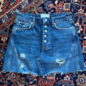 Free People button fly distressed denim mini skirt
